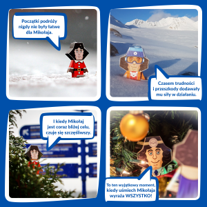 na grafice 4 zdjęcia przedstawiające postać papierowego Koperniczka w śniegu i przy choince. Kliknij, aby powiększyć zdjęcie.